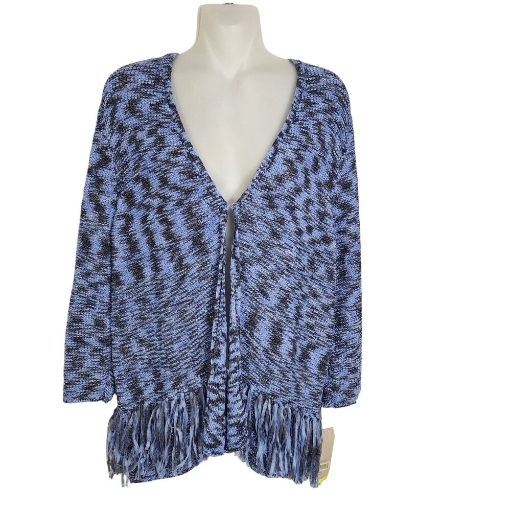 Laura Ashley Women Cardigan Large Blue Variegated Knit Swing Front Ribbon Fringe